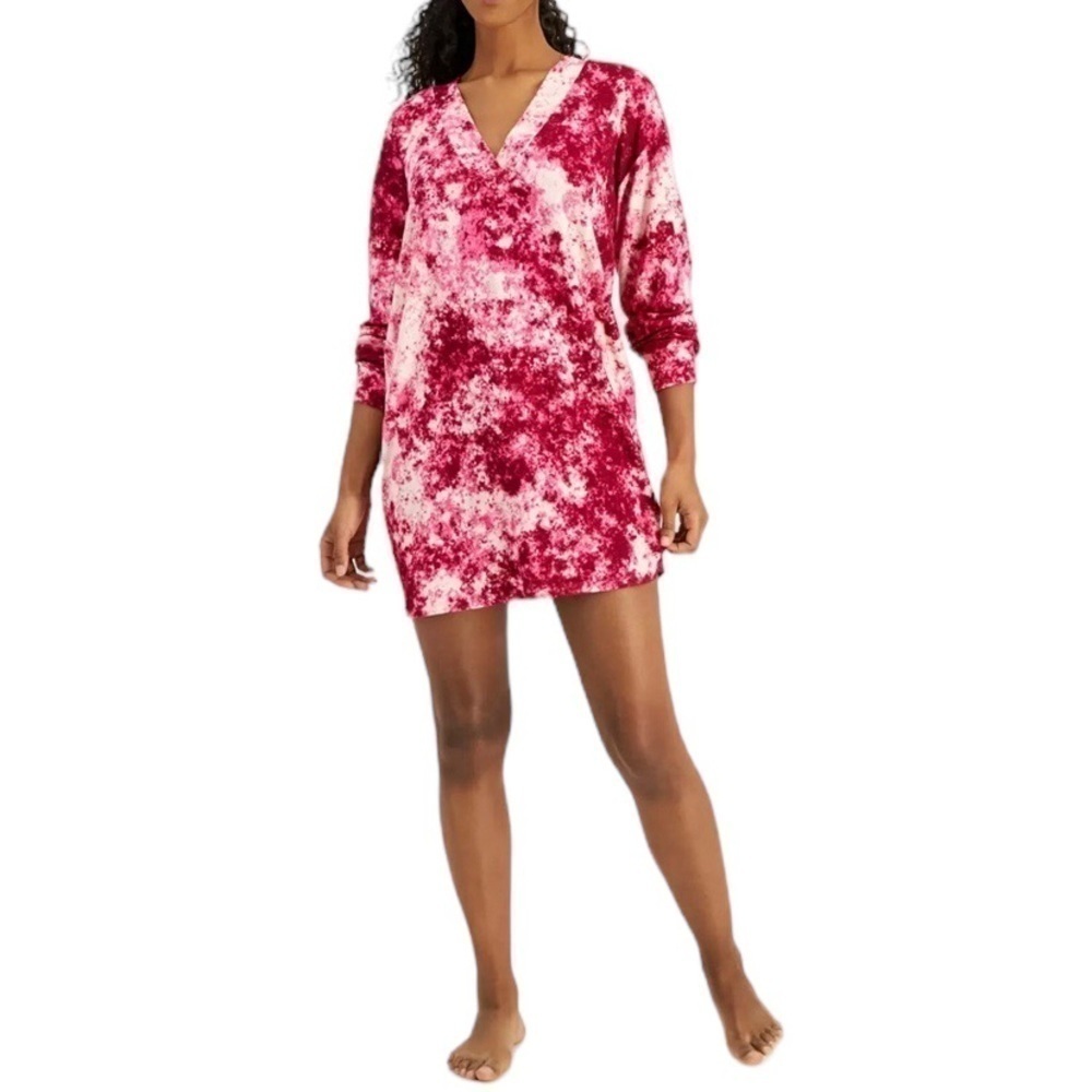Jenni Printed Long Sleeve Sleep Shirt Pink Splash Tie Dye Small New